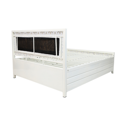 Cuba Hydraulic Storage Metal Bed with White Cushion Headrest (Color - White)