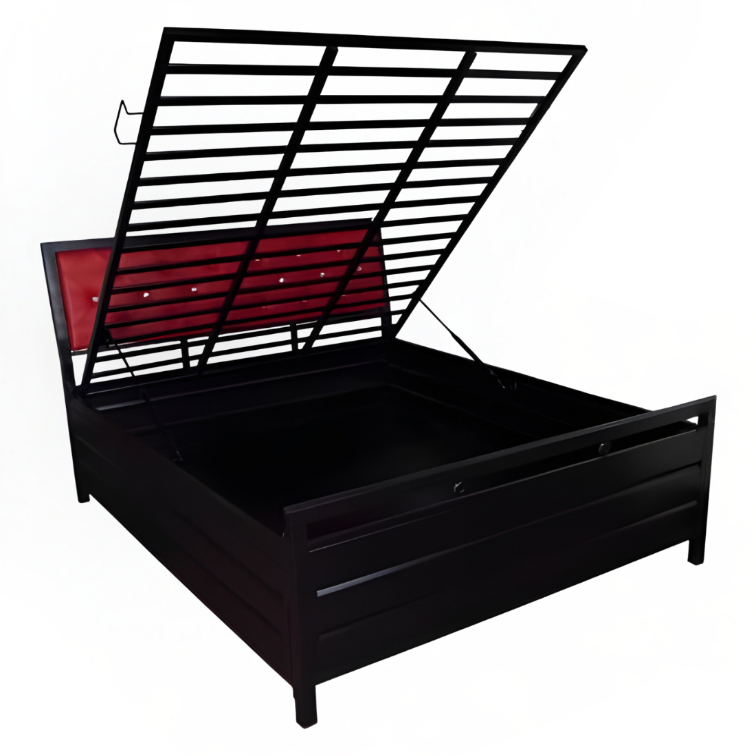 Heath Hydraulic Storage Metal Bed with Red Cushion Headrest (Color - Black)