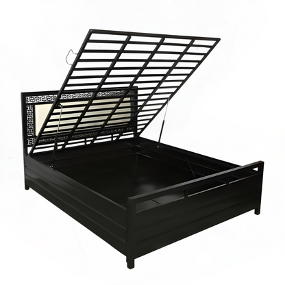 Luna Hydraulic Storage Metal Bed with White Cushion Headrest (Color - Black)