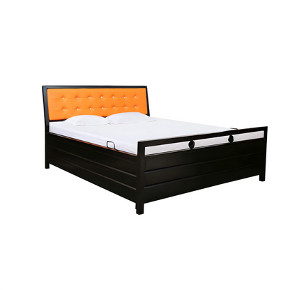 Heath Hydraulic Storage Metal Bed with Orange Cushion Headrest (Color - Black)