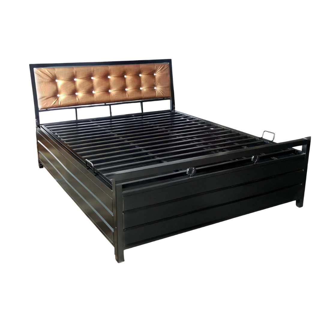 Heath Hydraulic Storage Metal Bed with Golden Cushion Headrest (Color - Black)