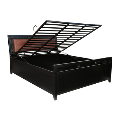 Daisy Hydraulic Storage Metal Bed with Brown Cushion Headrest (Color - Black)