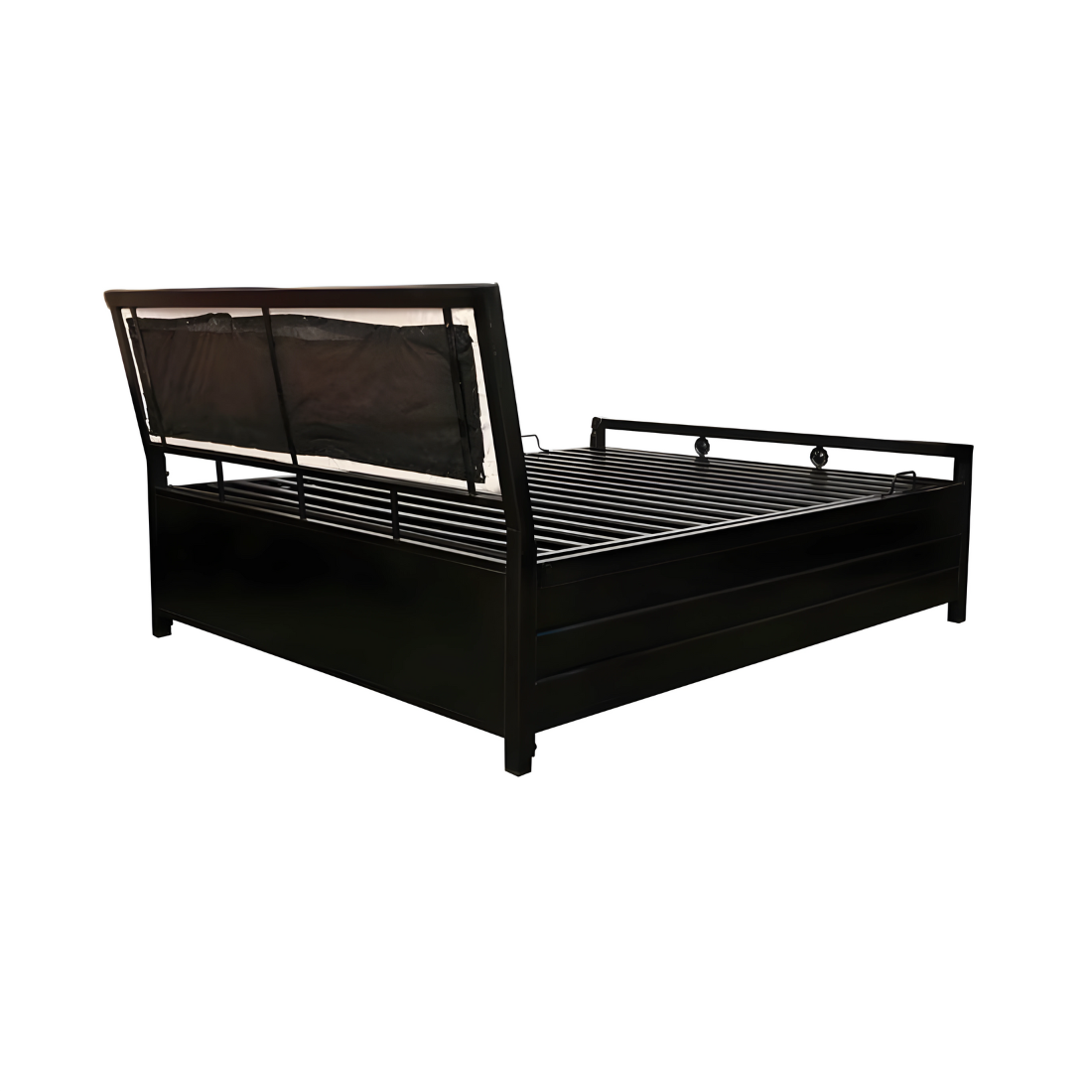 Heath Hydraulic Storage Metal Bed with White Cushion Headrest (Color - Black)