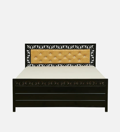 Cuba Hydraulic Storage Metal Bed with Golden Cushion Headrest (Color - Black)