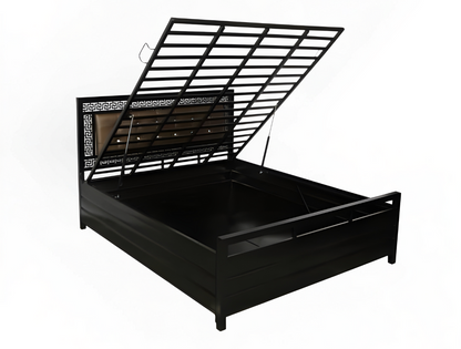 Luna Hydraulic Storage Metal Bed with Brown Cushion Headrest (Color - Black)