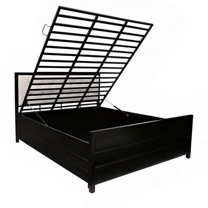 Henry Hydraulic Storage Metal Bed with White Cushion Headrest (Color - Black)