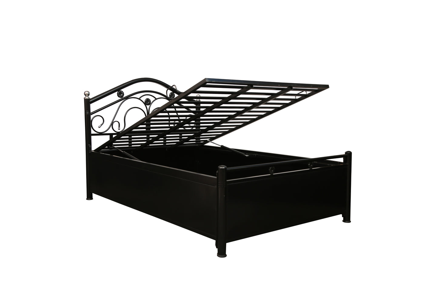 Kevin Hydraulic Storage Metal Bed (Color - Black) with Designer Headrest