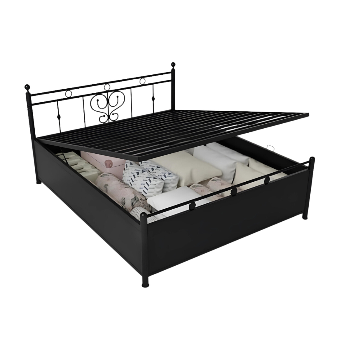 Dustin Hydraulic Storage Metal Bed (Color - Black) with Designer Headrest