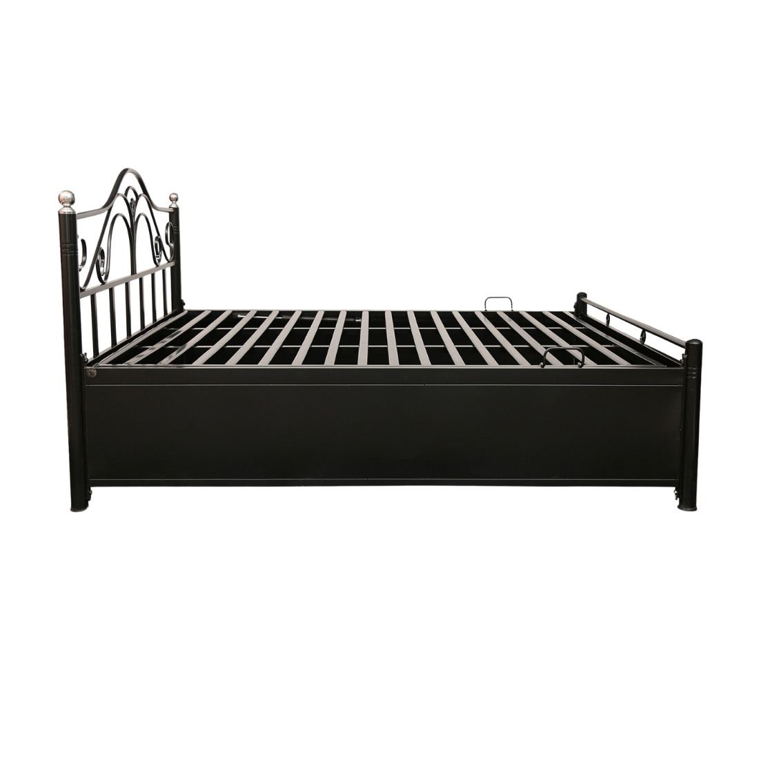 Star Cat Hydraulic Storage Metal Bed (Color - Black) with Designer Headrest