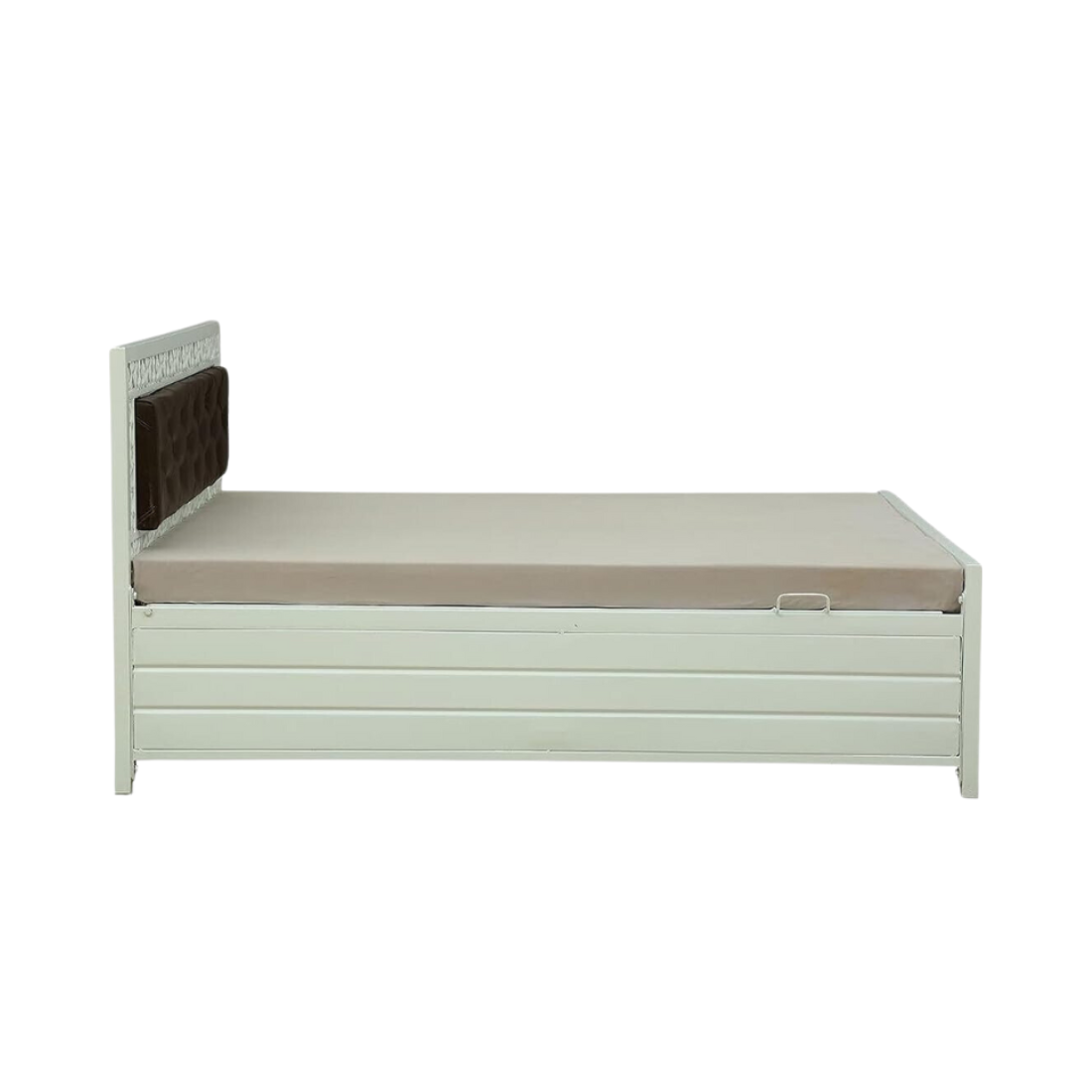 Cuba Hydraulic Storage Metal Bed with Brown Cushion Headrest (Color - White)