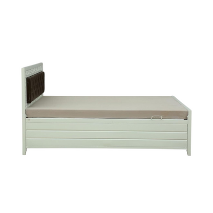 Cuba Hydraulic Storage Metal Bed with Brown Cushion Headrest (Color - White)