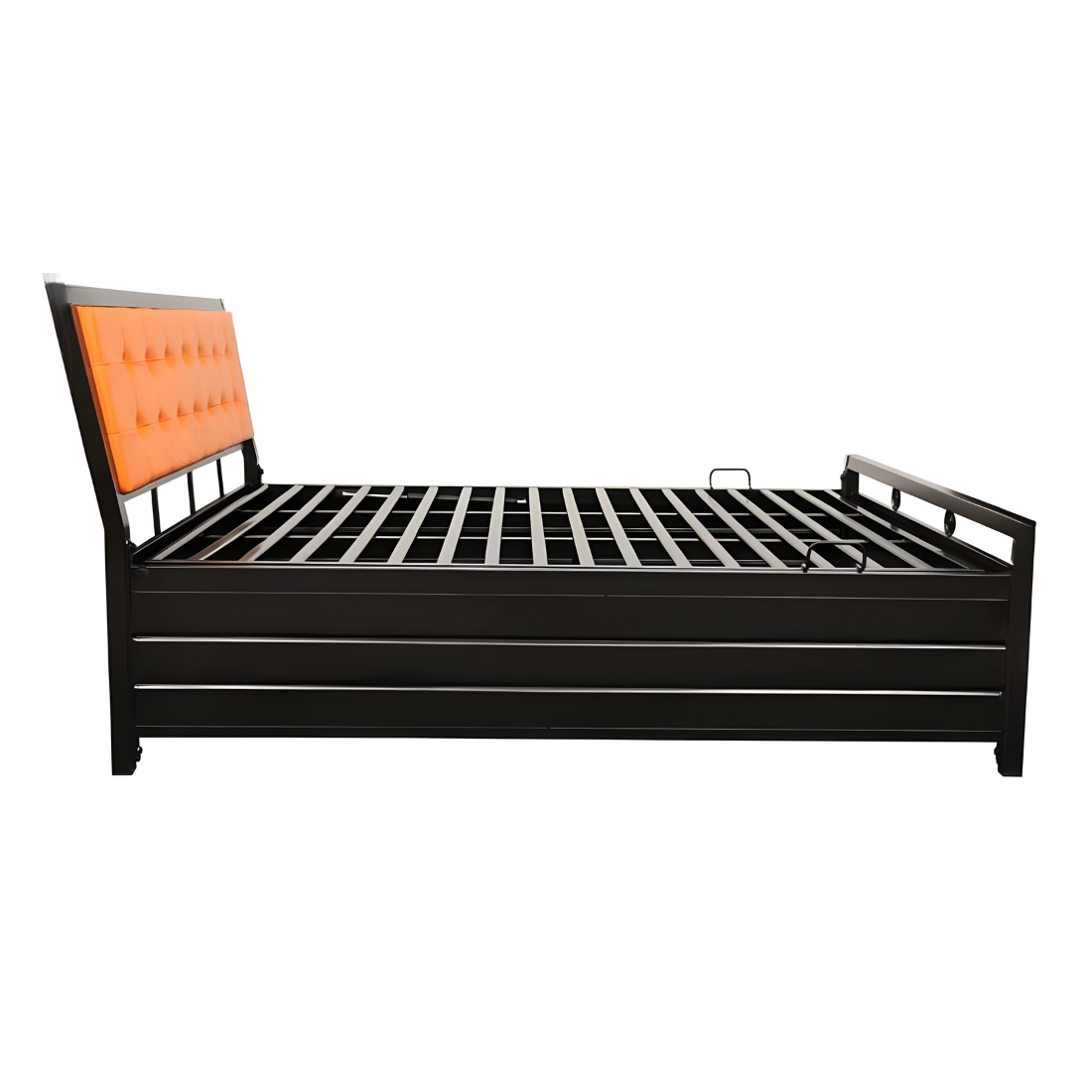 Heath Hydraulic Storage Metal Bed with Orange Cushion Headrest (Color - Black)