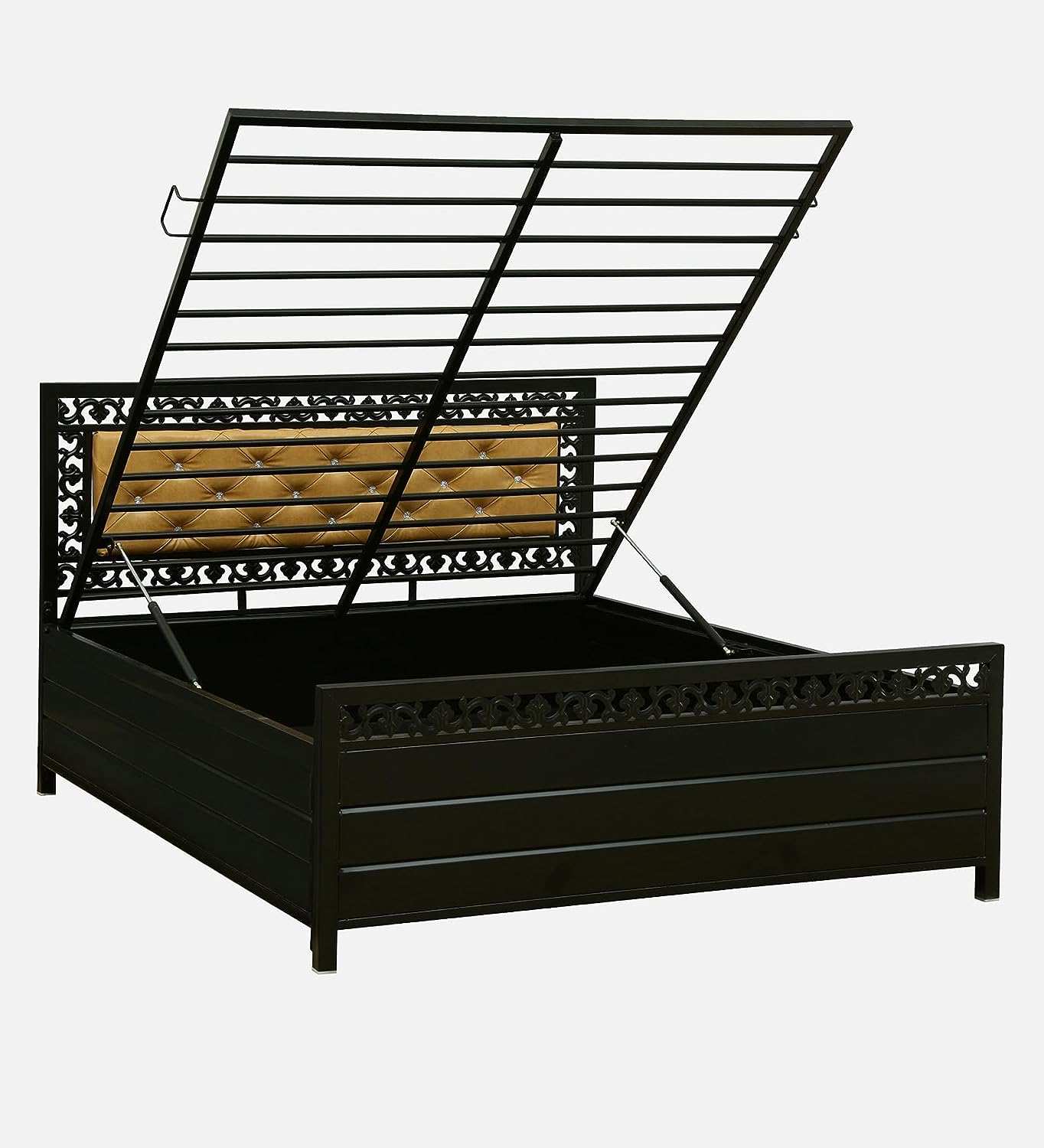 Cuba Hydraulic Storage Metal Bed with Golden Cushion Headrest (Color - Black)