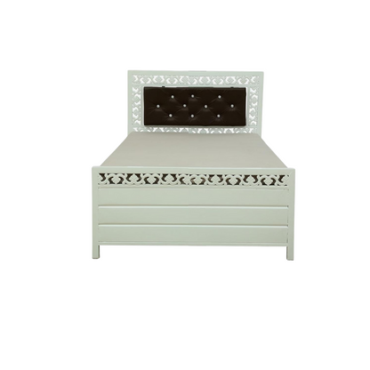 Cuba Hydraulic Storage Metal Bed with Brown Cushion Headrest (Color - White)