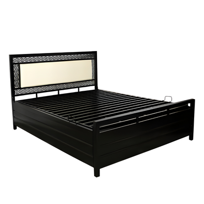 Luna Hydraulic Storage Metal Bed with White Cushion Headrest (Color - Black)