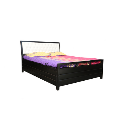 Heath Hydraulic Storage Metal Bed with White Cushion Headrest (Color - Black)