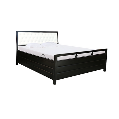 Heath Hydraulic Storage Metal Bed with White Cushion Headrest (Color - Black)