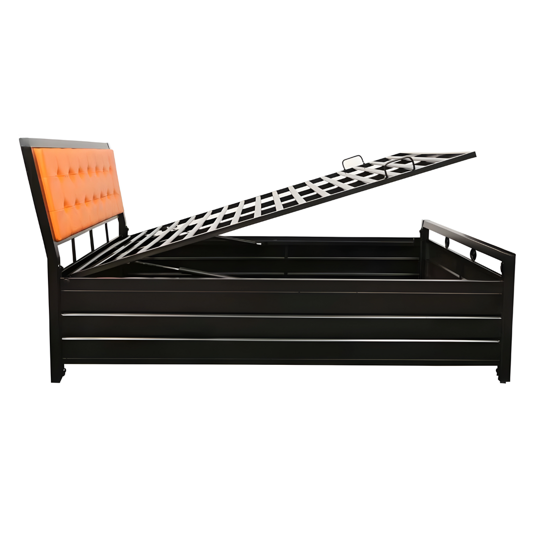 Heath Hydraulic Storage Metal Bed with Orange Cushion Headrest (Color - Black)