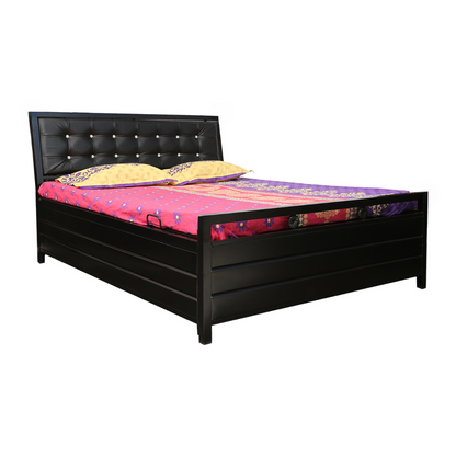 Heath Hydraulic Storage Metal Bed with Black Cushion Headrest (Color - Black)