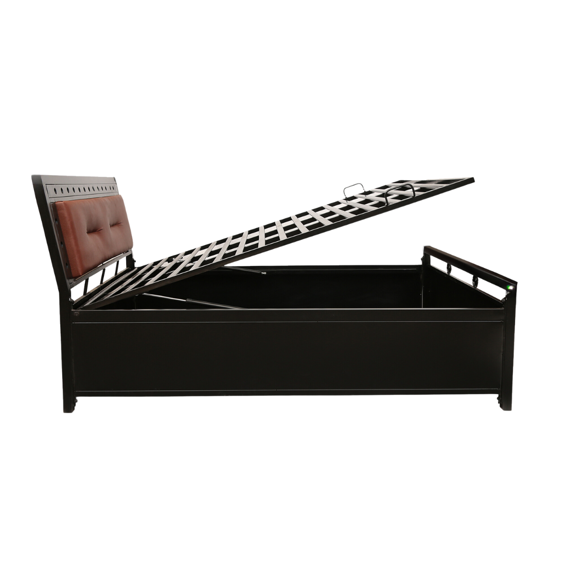 Daisy Hydraulic Storage Metal Bed with Brown Cushion Headrest (Color - Black)