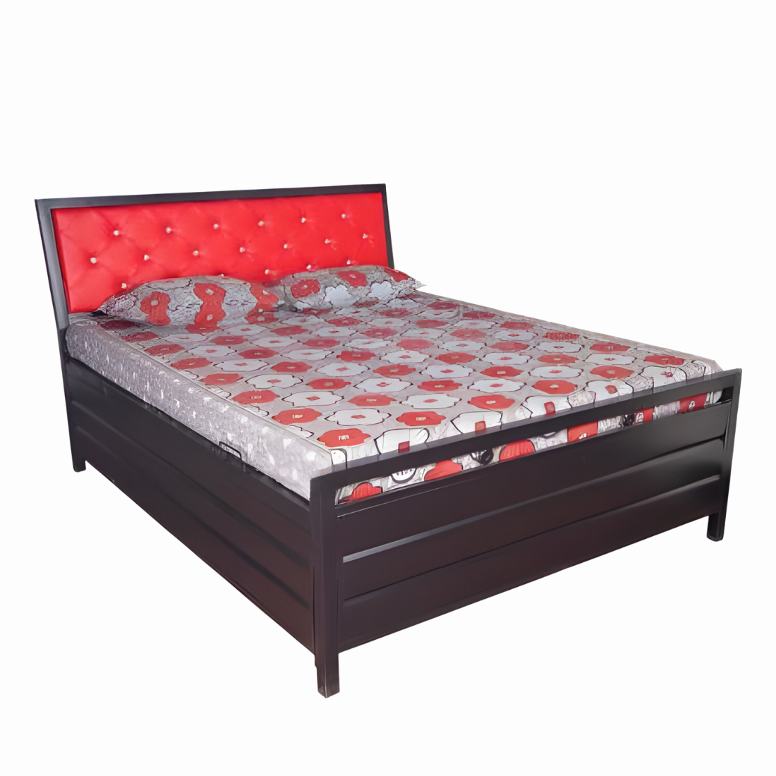 Heath Hydraulic Storage Metal Bed with Red Cushion Headrest (Color - Black)