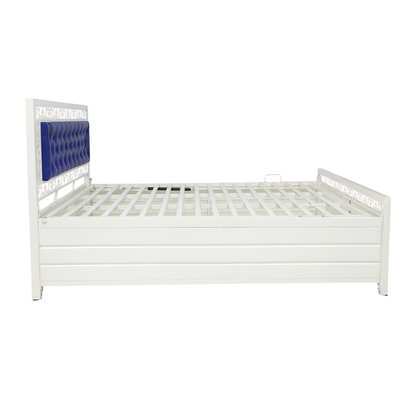 Cuba Hydraulic Storage Metal Bed with Blue Cushion Headrest (Color - White)