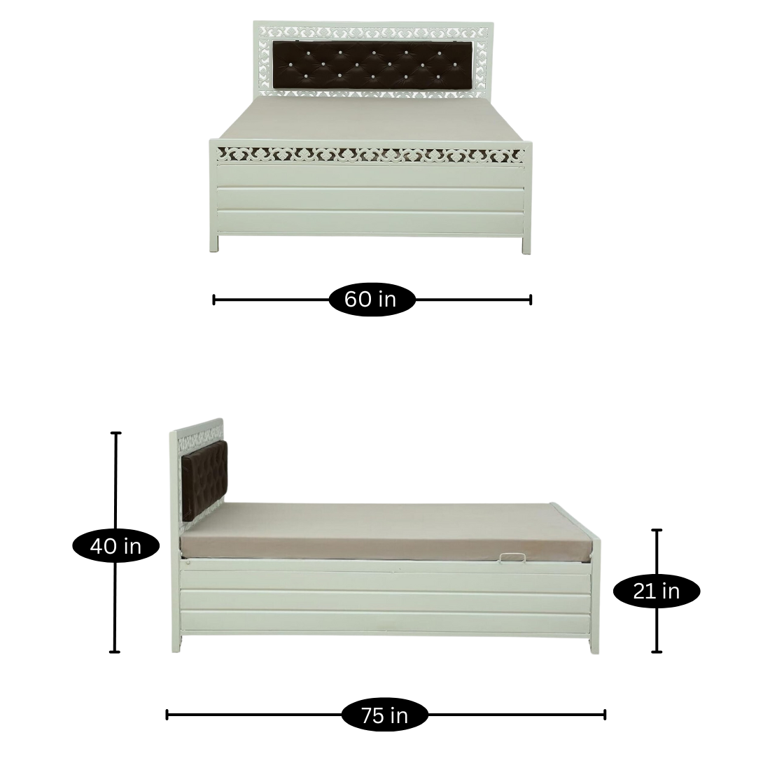 Cuba Hydraulic Storage Metal Bed with Brown Cushion Headrest (Color - White)