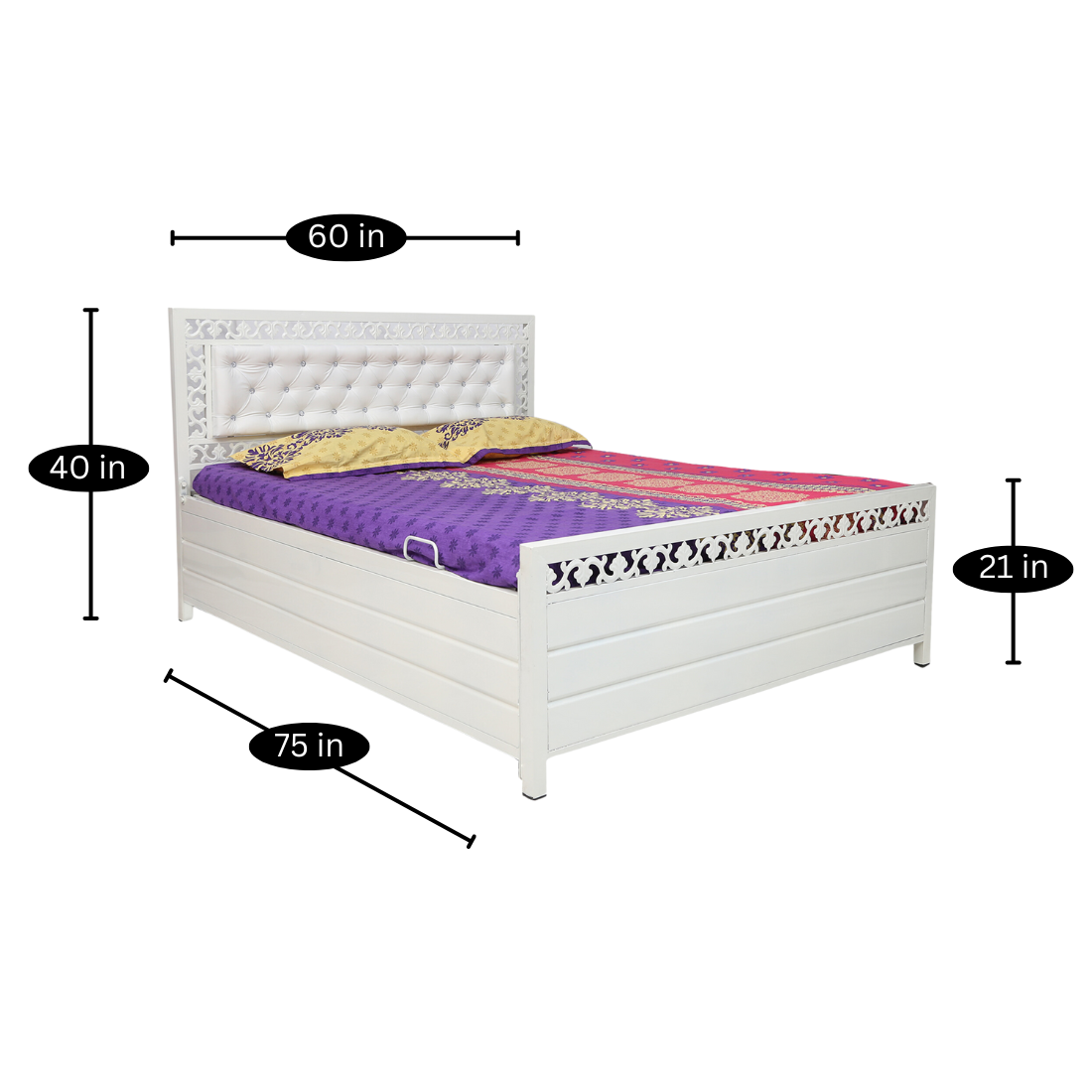 Cuba Hydraulic Storage Metal Bed with White Cushion Headrest (Color - White)