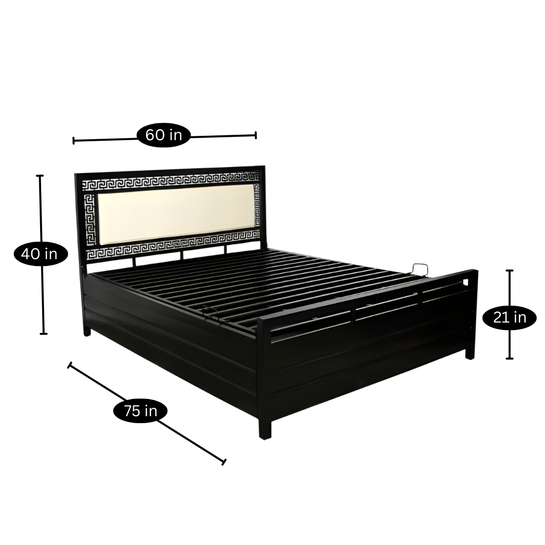 Luna Hydraulic Storage Metal Bed with White Cushion Headrest (Color - Black)