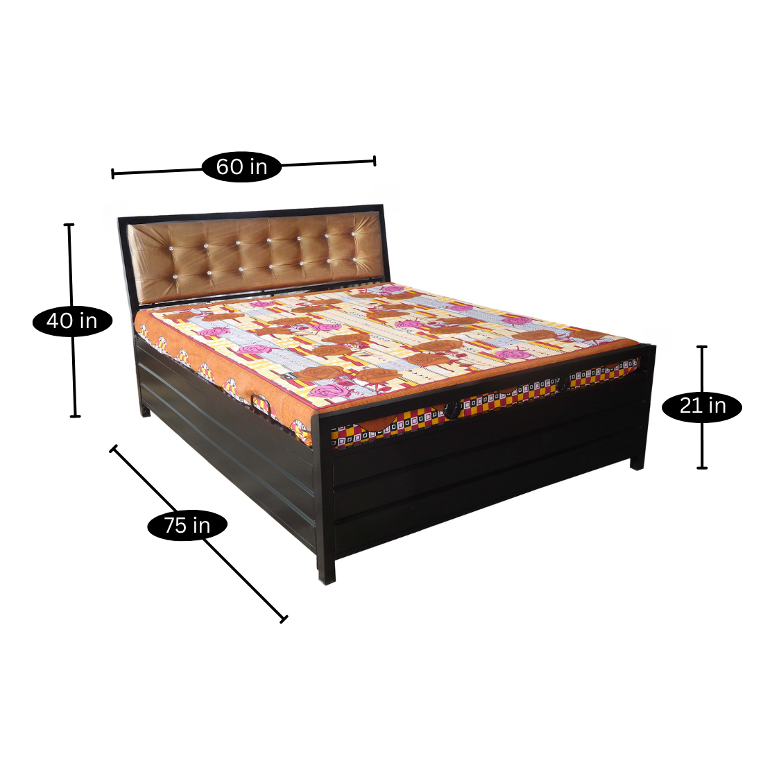 Heath Hydraulic Storage Metal Bed with Golden Cushion Headrest (Color - Black)