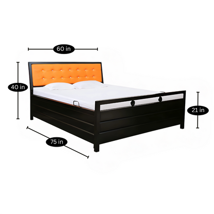 Heath Hydraulic Storage Metal Bed with Orange Cushion Headrest (Color - Black)