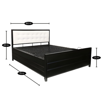 Henry Hydraulic Storage Metal Bed with White Cushion Headrest (Color - Black)