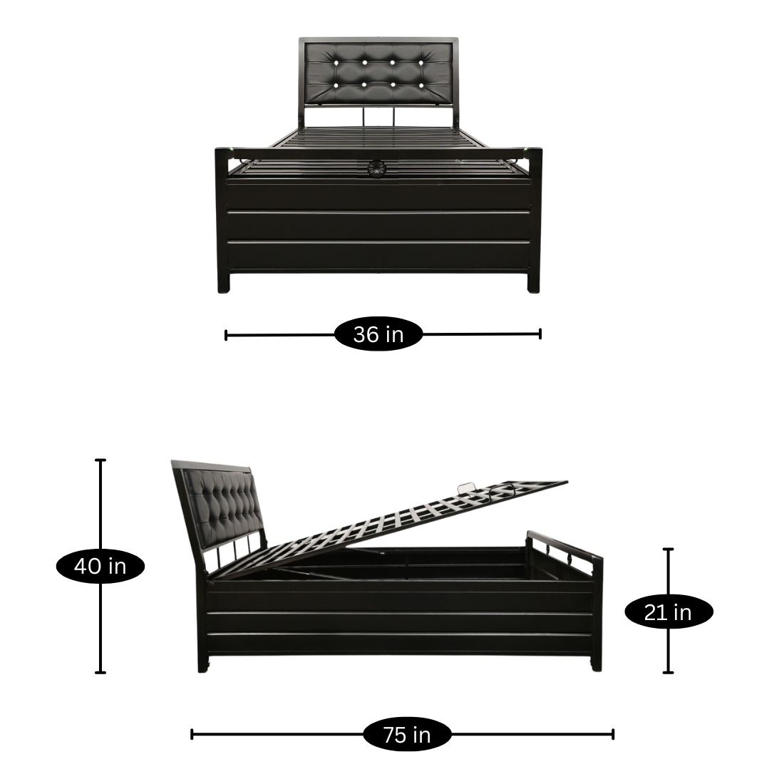 Heath Hydraulic Storage Metal Bed with Black Cushion Headrest (Color - Black)