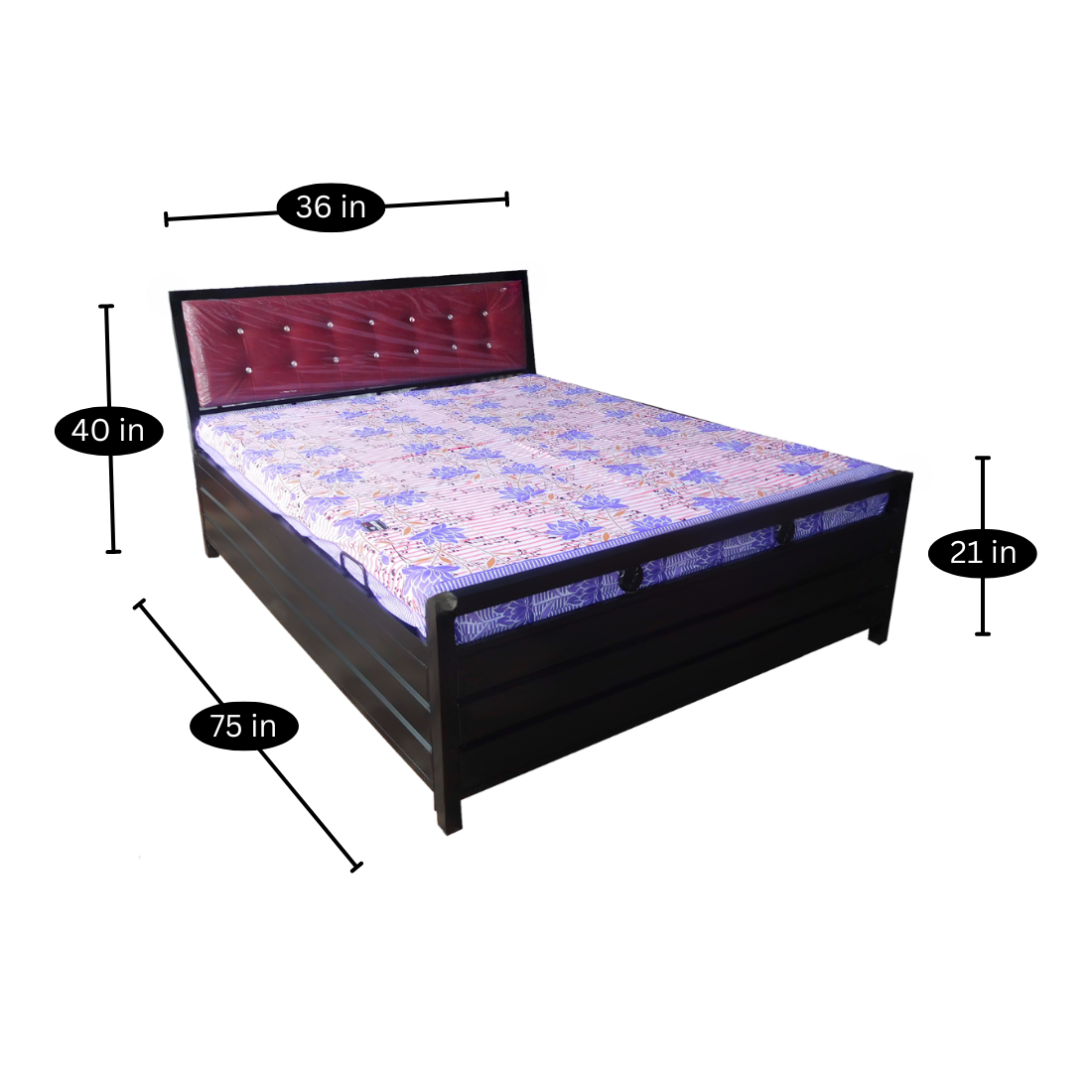 Heath Hydraulic Storage Metal Bed with Cherry Cushion Headrest (Color - Black)