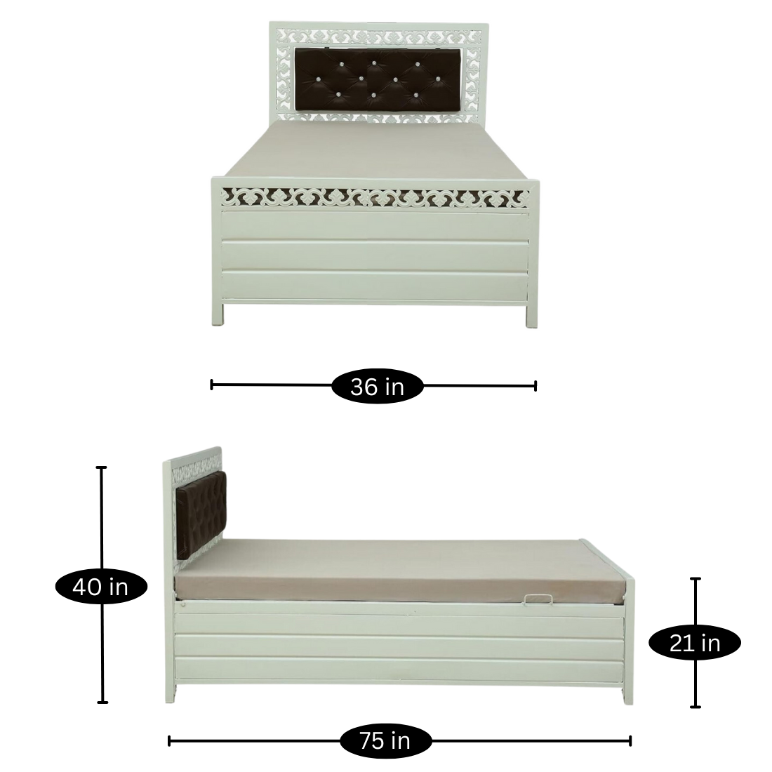 Cuba Hydraulic Storage Metal Bed with Brown Cushion Headrest (Color - White)