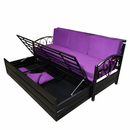 Black Lily Hydraulic Storage Metal Sofa Cum Bed with Mattress & Pillow (Color - Purple)