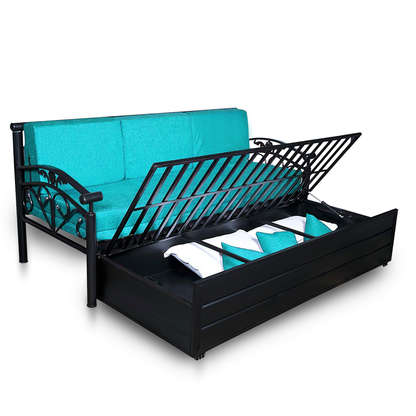 Black Sofia Hydraulic Storage Metal Sofa Cum Bed with Mattress & Pillow (Color - Sky Blue)