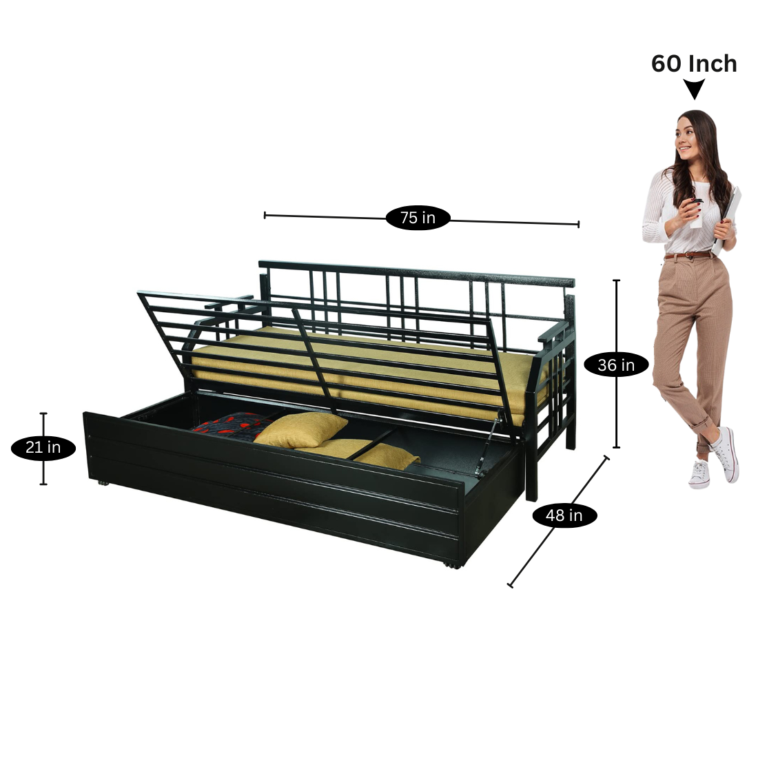 Black Balasam Hydraulic Storage Metal Sofa Cum Bed with Mattress & Pillow (Color - Camel)