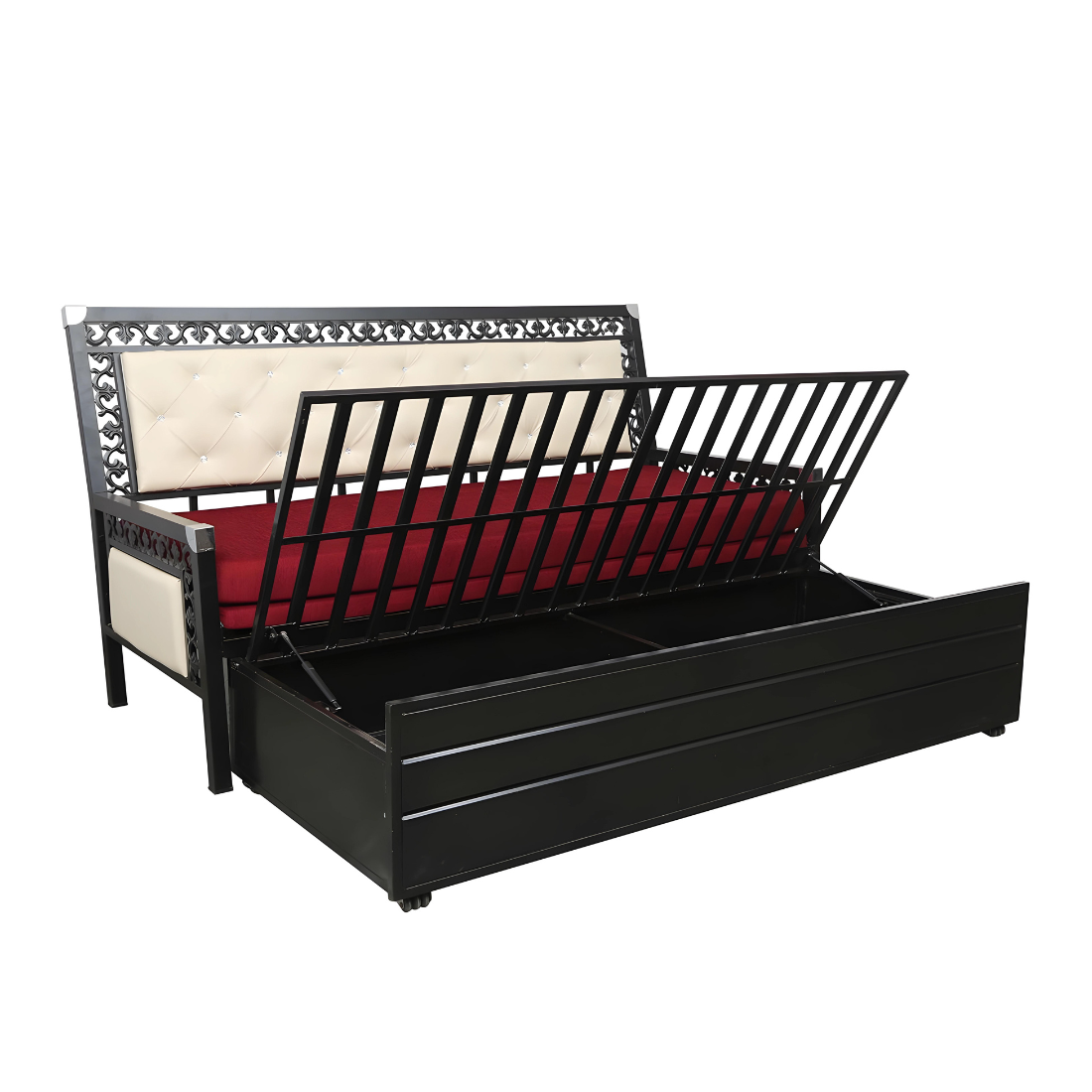 Black Romania Hydraulic Storage Metal Sofa Bed with Mattress & Pillow (Color - Red)