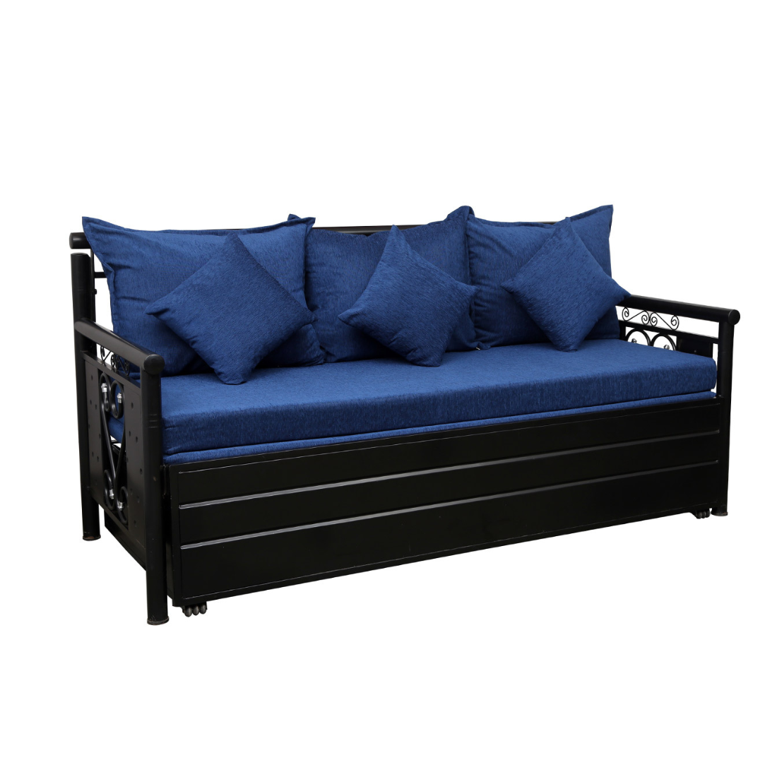 Black Crossandra Hydraulic Storage Metal Sofa Cum Bed with Mattress & Pillow (Color - Blue)