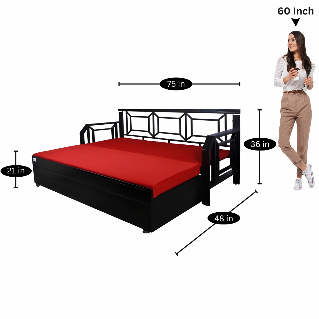 Black Kingston Hydraulic Storage Metal Sofa Bed with Mattress & Pillow (Color - Red)