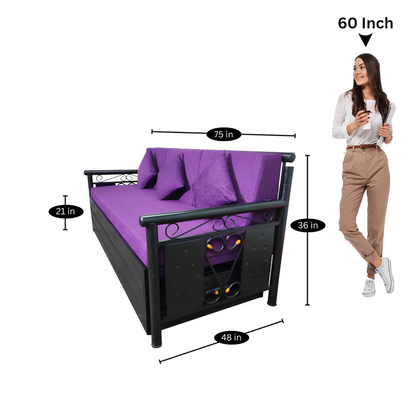 Black Crossandra Hydraulic Storage Metal Sofa Bed with Mattress & Pillow (Color - Purple)