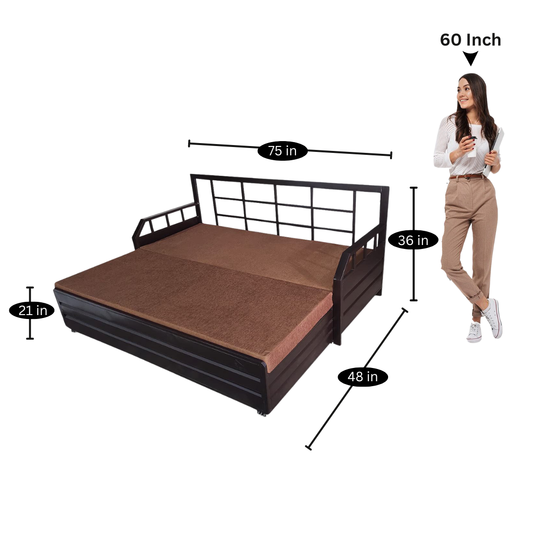 Black Allure Hydraulic Storage Metal Sofa Cum Bed with Mattress & Pillow (Color - Brown)