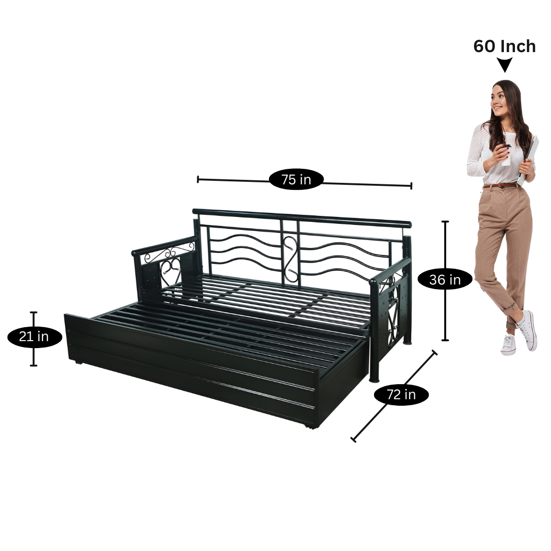 Black Crossandra Hydraulic Storage Metal Sofa Bed with Mattress & Pillow (Color - Multi)