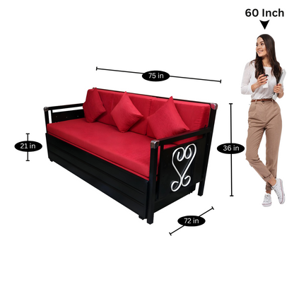 Black Maccow Hydraulic Storage Metal Sofa Bed with Mattress & Pillow (Color - Red)