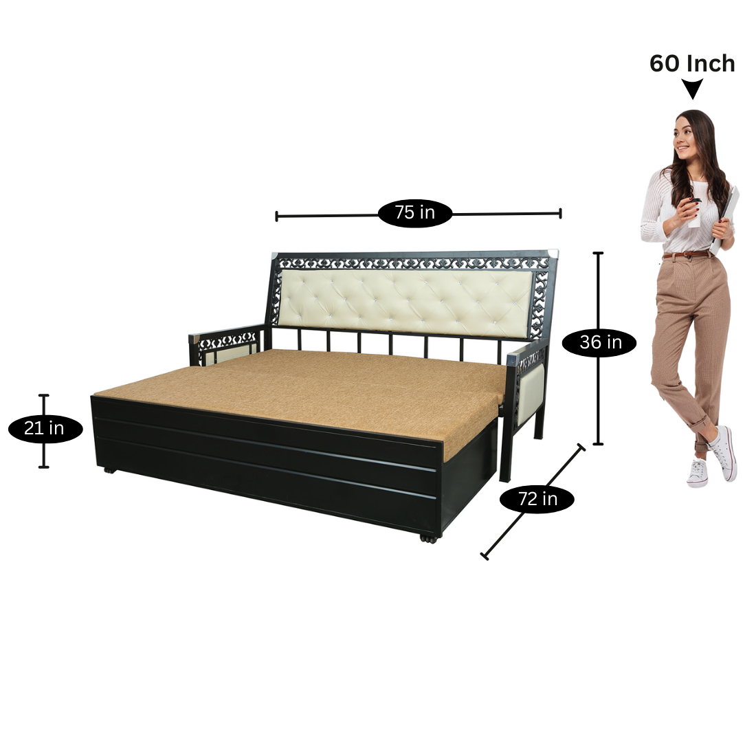 Black Romania Hydraulic Storage Metal Sofa Bed with Mattress & Pillow (Color - Camel)