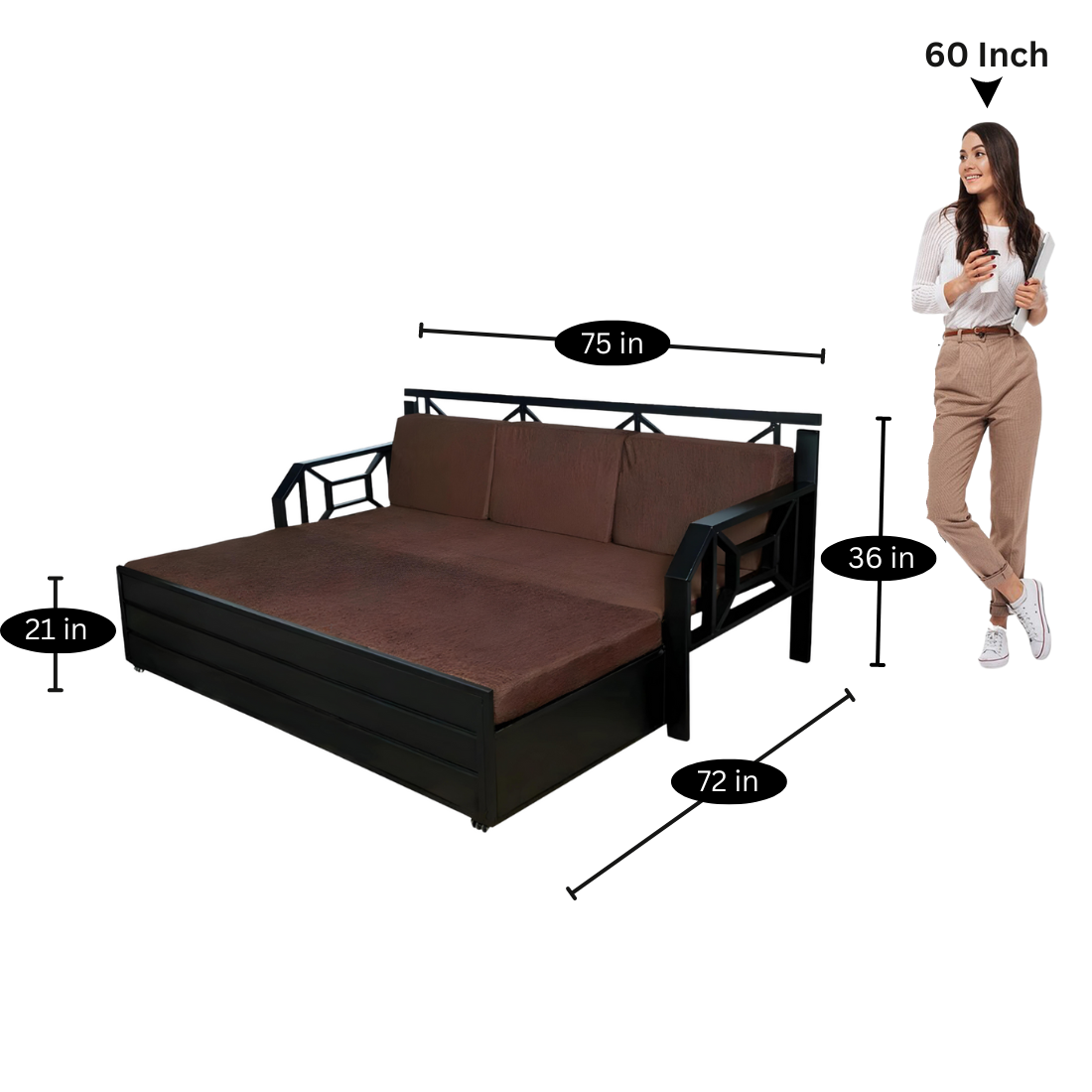 Black Kingston Hydraulic Storage Metal Sofa Cum Bed with Mattress & Pillow (Color - Brown)