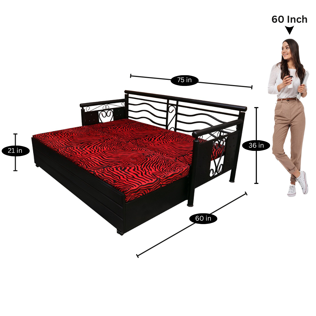 Black Crossandra Hydraulic Storage Metal Sofa Bed with Mattress & Pillow (Color - Multi)