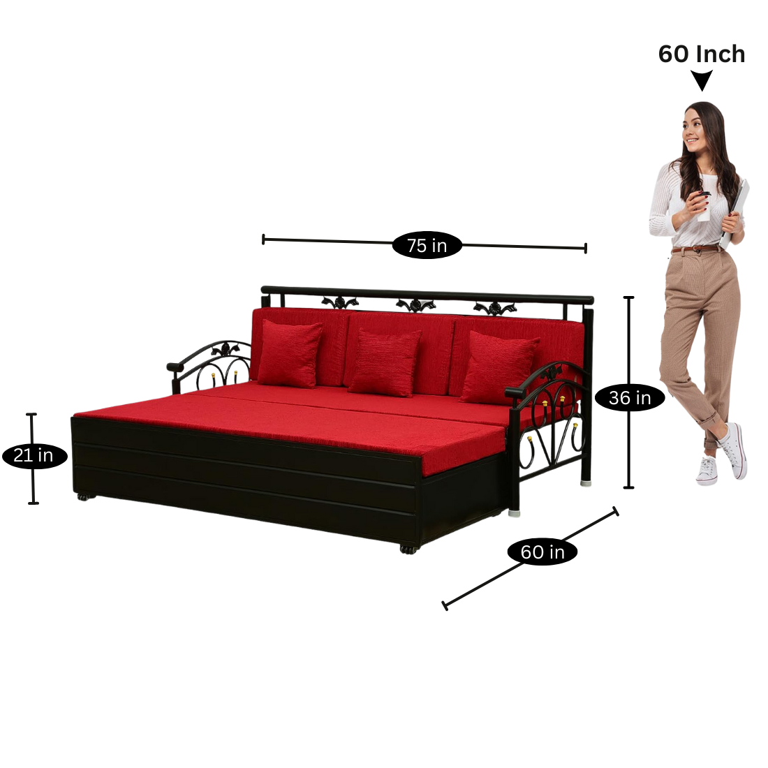 Black Sofia Hydraulic Storage Metal Sofa Bed with Mattress & Pillow (Color - Red)