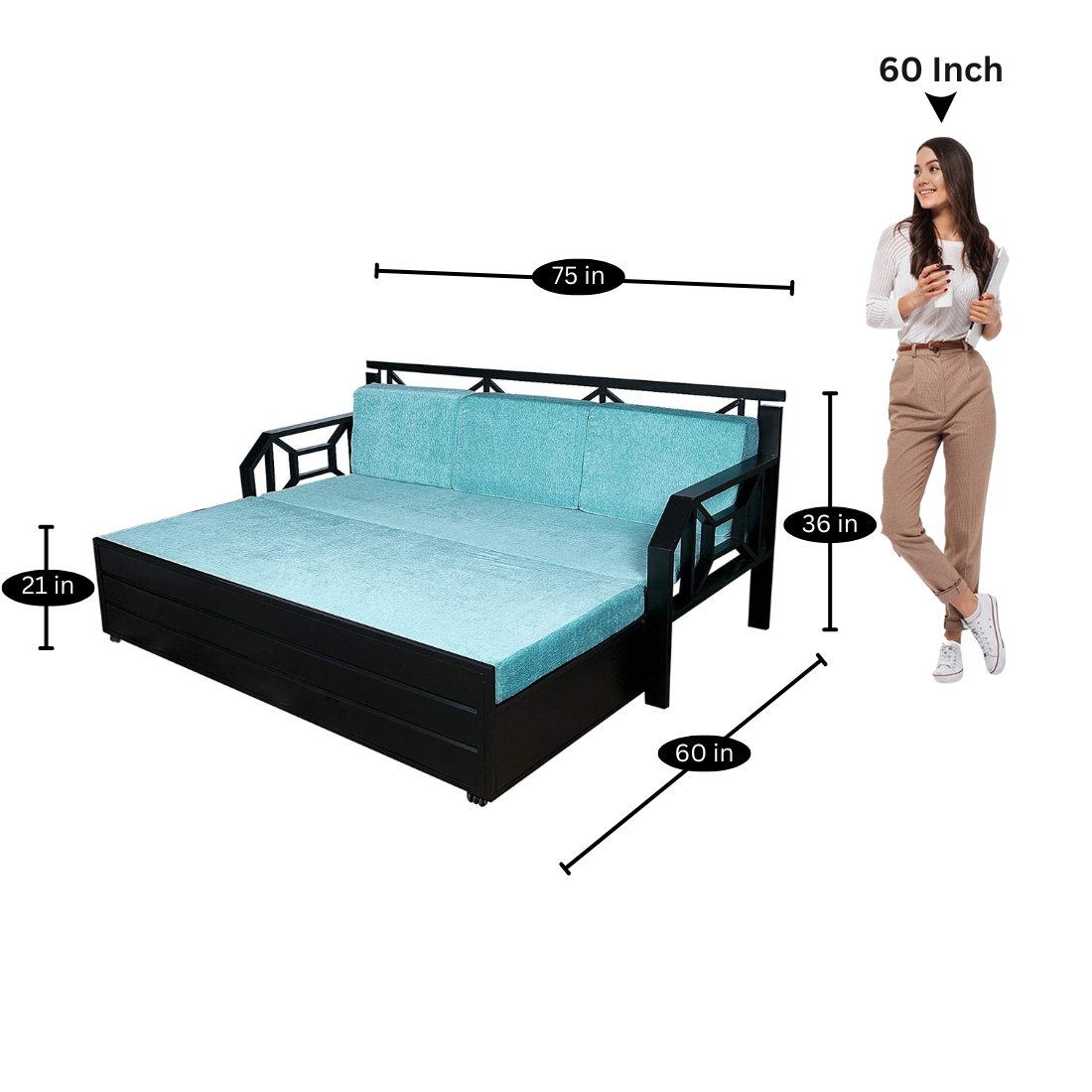 Black Kingston Hydraulic Storage Metal Sofa Bed with Mattress & Pillow (Color - Sky Blue)